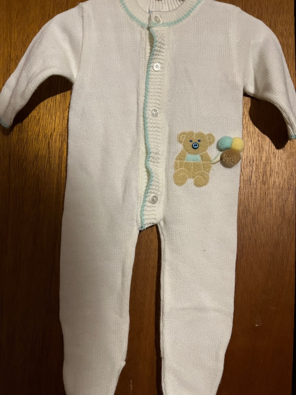 Vintage White Baby One-Piece Knit Romper with Teddy Detail